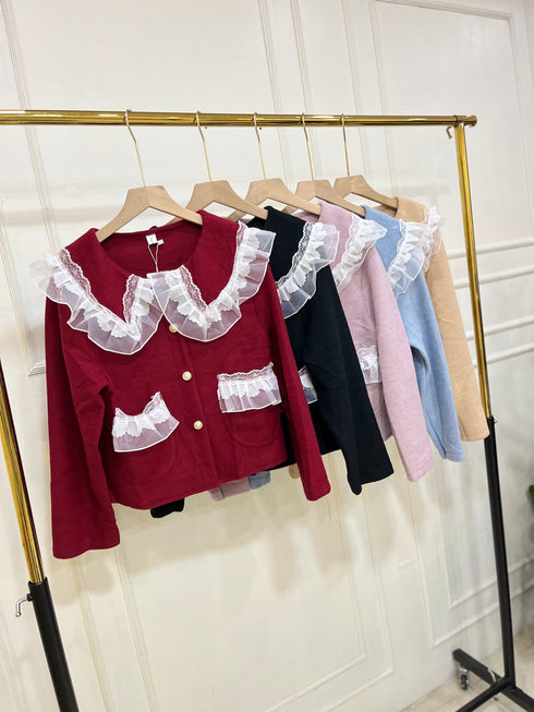 Ladies Aesthetic Frill Lace Border Winter Cardigan